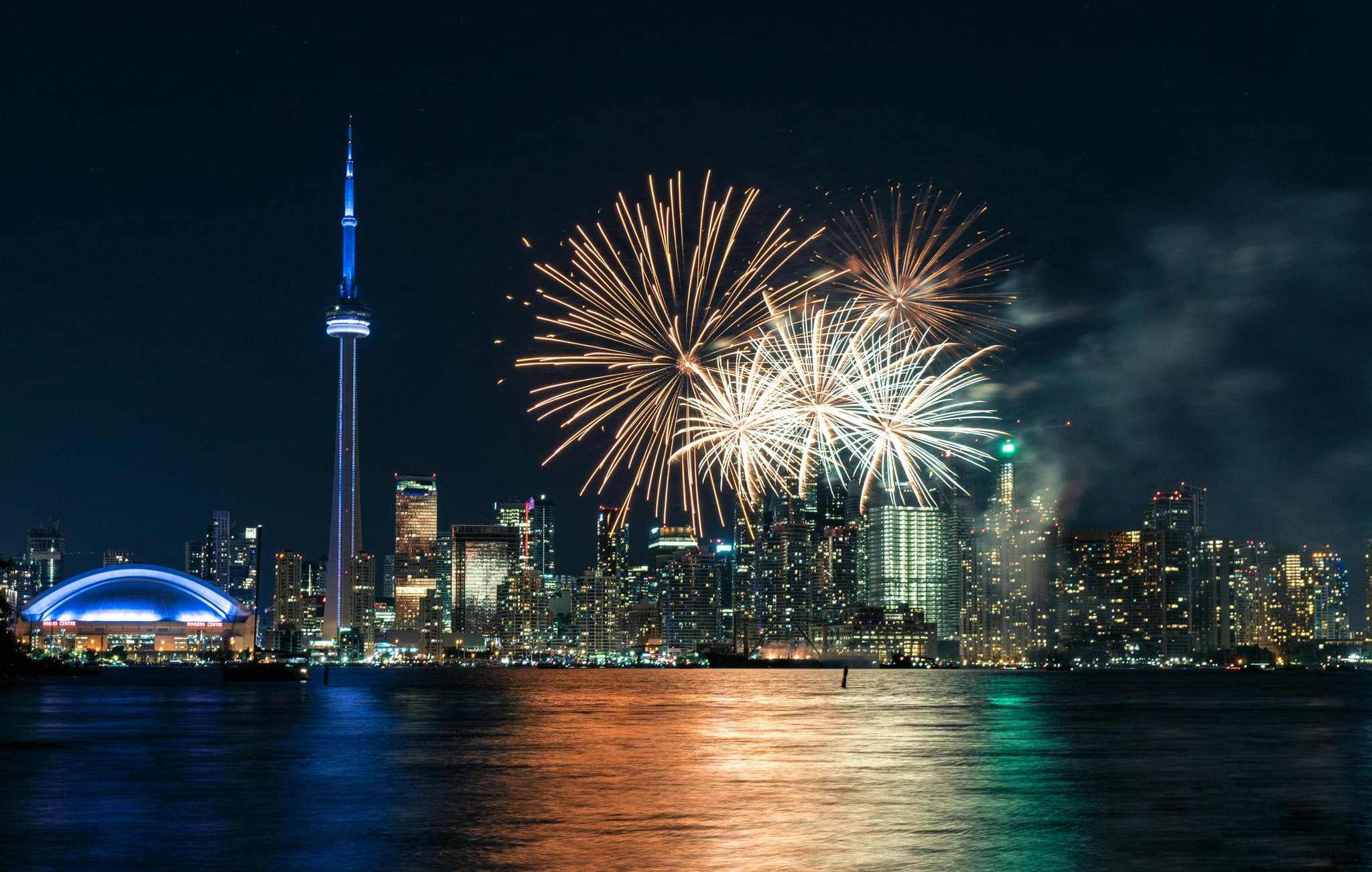 Toronto skyline and waterfront fireworks display on New Year's Eve